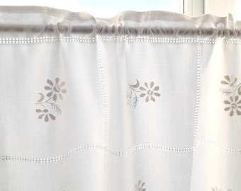Embroidered Floral Curtain: Vintage White Cotton Blend, Crochet Lace Border, Handmade Hemstitch