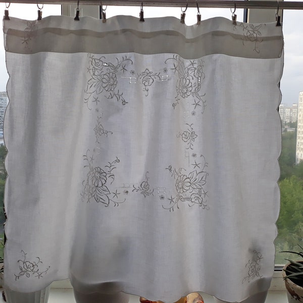 White Cafe Curtain With Black Trim Tie-Back Panels main image 1