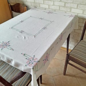Coffee and tea tablecloth 50&quot; x 46&quot;, White viscose tablecloth with pink flower embroidery, Embroidered bouquet, Table top decor, Unique gift
