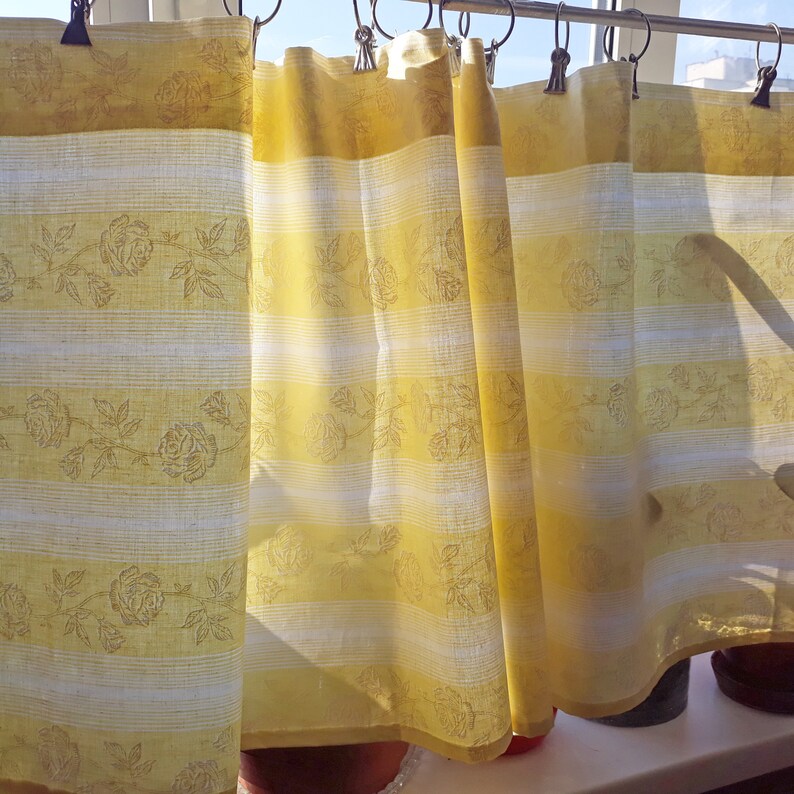 Yellow striped curtain with white roses Handmade primitive Etsy