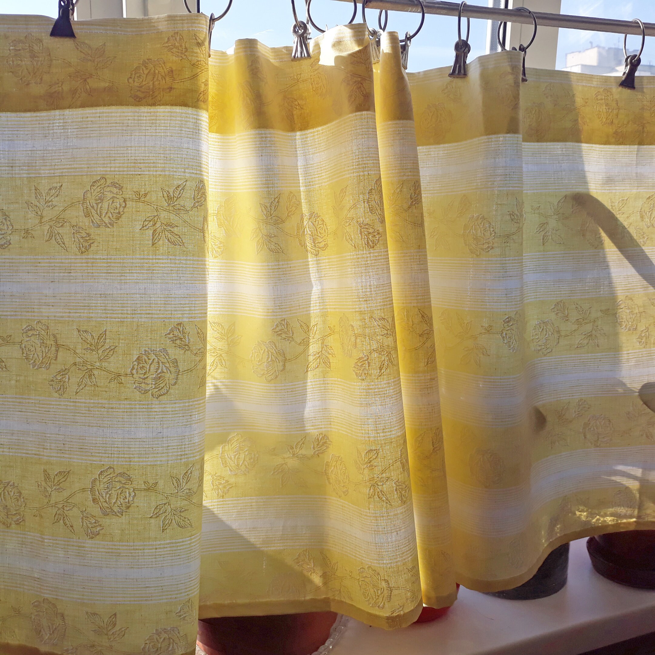 Yellow striped curtain with white roses Handmade primitive Etsy