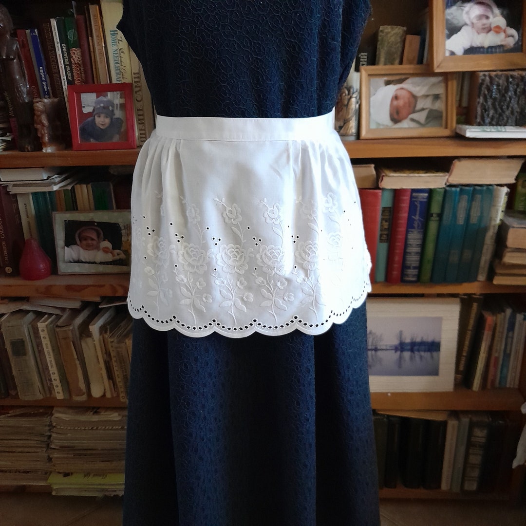 Little White Half Apron With Roses Embroidery, Vintage Cotton Costume Apron Without Pocket