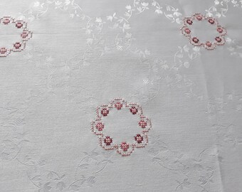 White damask curtain embroidered wreaths, Pink wreath cross-stitch embroidery, Pink and bordo flowers, Rod pocket valance, Size 52" x 30"