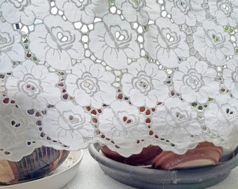 Vintage Embroidered Cotton Curtain – White Roses Embroidery, French Cafe Valance