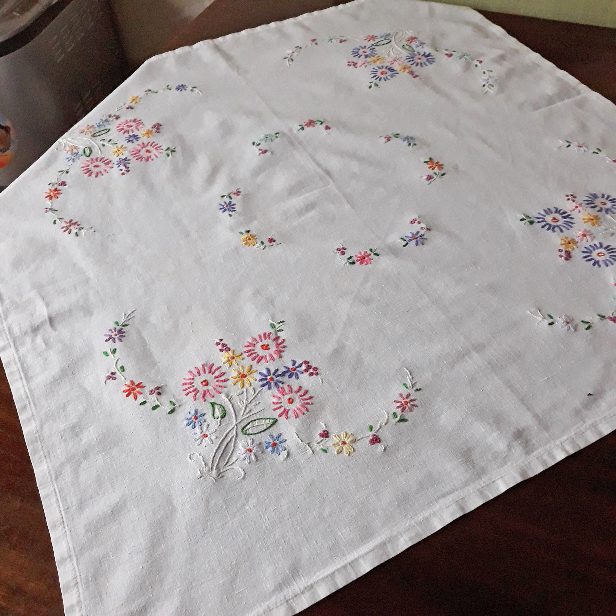 Flowers embroidered tablecloth Handmade floral embroidery Etsy
