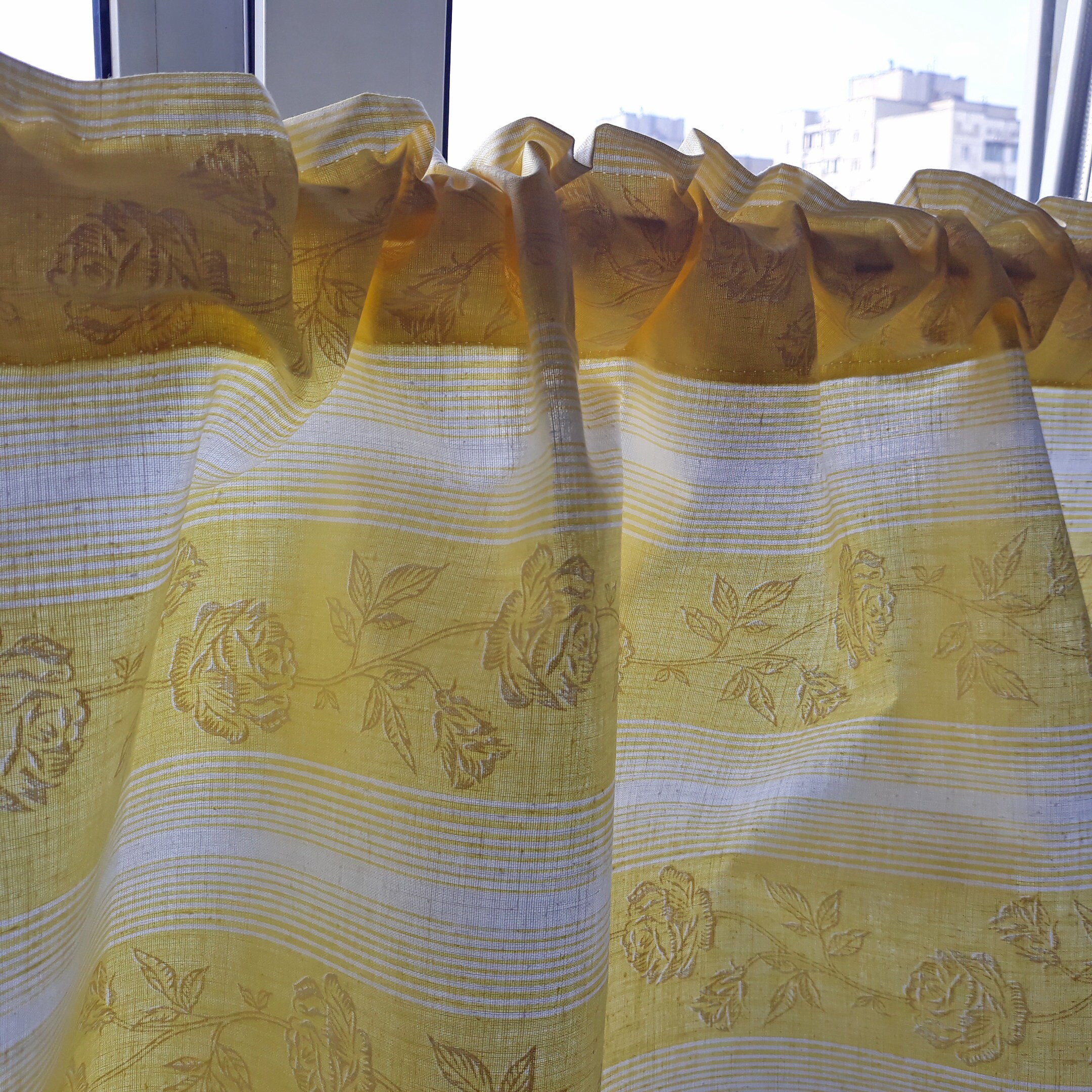 Yellow striped curtain with white roses Handmade primitive Etsy