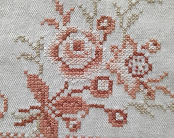 Square Cotton Tablecloth: Handmade Cross-Stitch Embroidery, Embroidered Brown Flowers, Size 31" x 30"