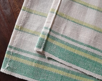 Vintage White Linen Tea Towel: Green and Yellow Stripes, Handmade, Size 19" x 27"