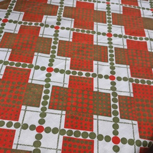 Vintage Linen Kitchen Curtain: Orange Green Check,  Handmade Valance, Design 1970s