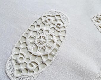 Embroidered Linen Kitchen Valance: White Bobbin Lace, Farmhouse Decor