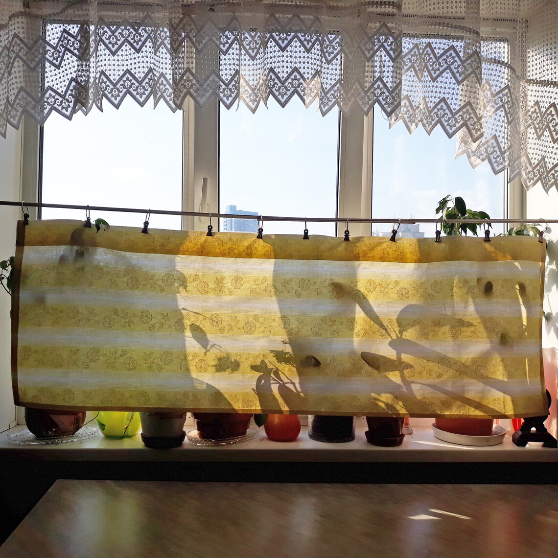 Yellow striped curtain with white roses Handmade primitive Etsy