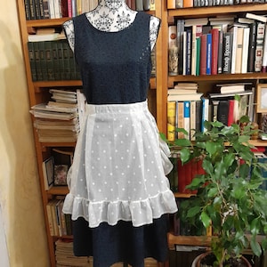 Vintage White Lace Apron: Ruffled Hostess Apron with Polka Dot Fabric