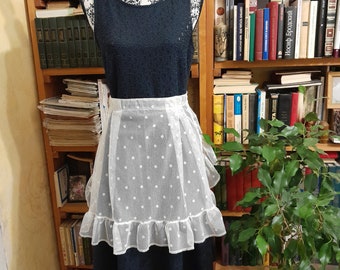 Vintage White Lace Apron: Ruffled Hostess Apron without Pocket, Polka Dot Fabric