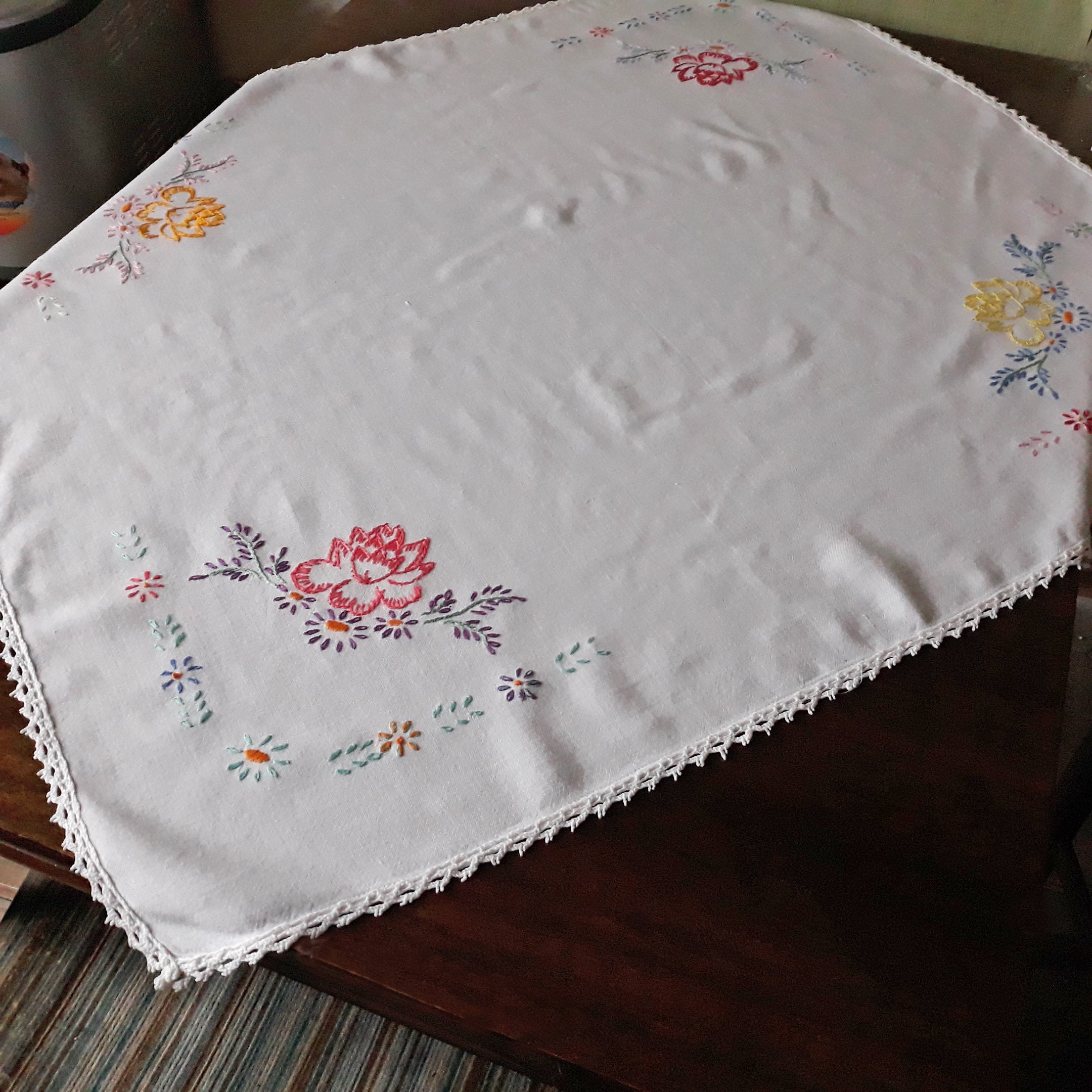 Floral embroidered tablecloth Handmade flowers embroidery Etsy