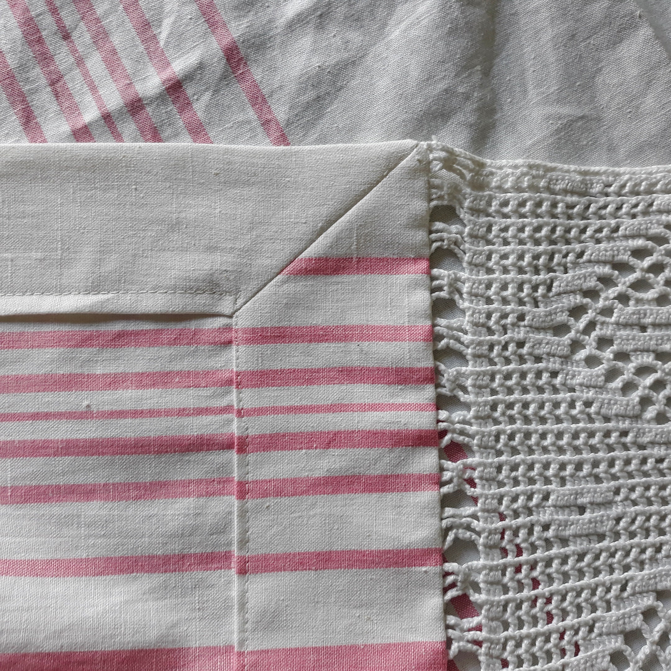White linen curtain with pink striped Handmade valance Etsy
