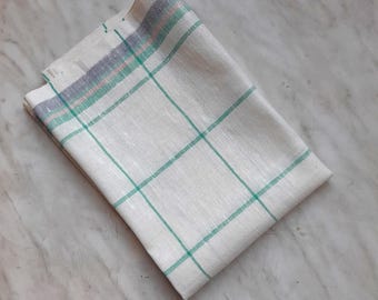 Vintage Linen Checkered Tea Towels: Green & Pink Striped (19"x27")