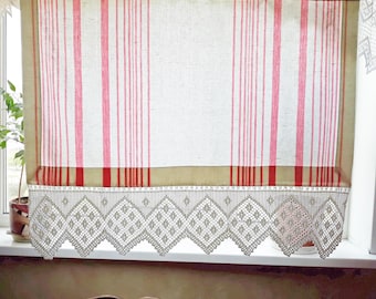 White Pink Stripe Curtain: Pure Linen Fabric, Crochet Lace Valance, Vintage French Cafe Style