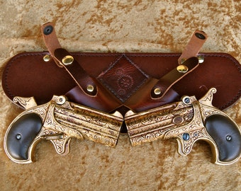 Steampunk Replica Guns and Dual Leather Holster, Steampunk Gun and Holster, Ornate Derringer Replica