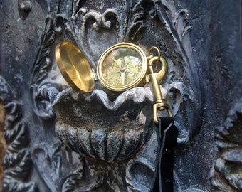 Brass Compass with Black or Brown Leather Strap and Brass Leash Clip