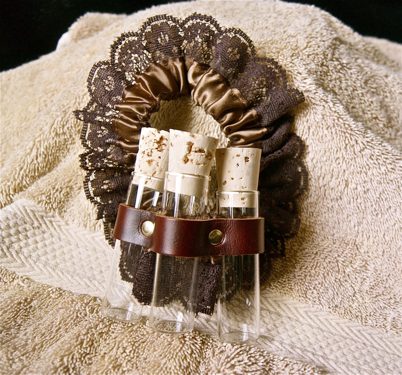 Steampunk Silk and Lace Garter with Leather Vial Holster Brown