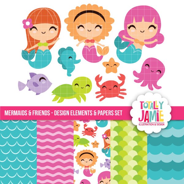 Mermaid and friends clip art and paper set / Digital Clipart - Instan…