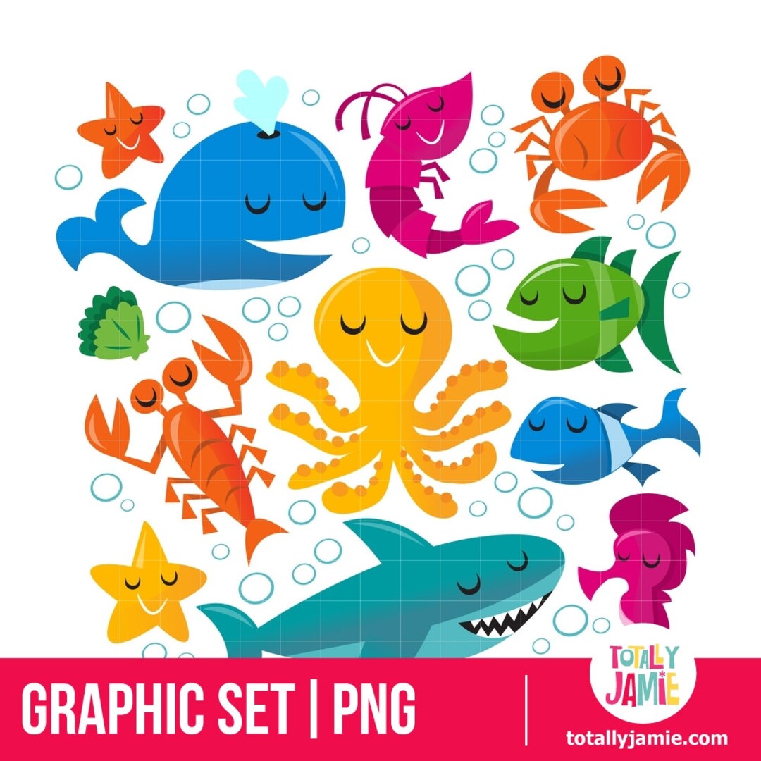 Happy Fun Cartoon Sea Creatures PNG Set / Digital Clipart - Etsy