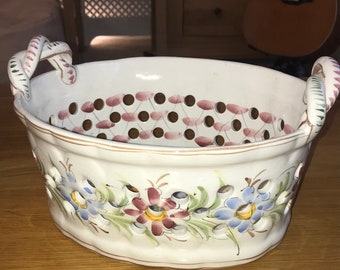 Large Ceramic Chestnut Basket Pierced and Hand Painted Flowers Inside Out 6 x 10.5 x 8.5”