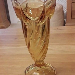 Art Deco Amber Glass Spiral Footed Trumpet Vase 20 cm