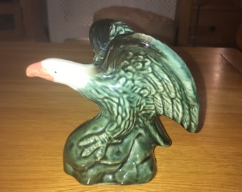 Vintage Ceramic Glossy Green Glaze Eagle Perched on Rock Figurine 11 cm