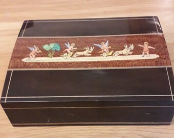 Domed Cigar Box Hand Painted With Pan Chasing Two Devils on Chariots Pulled by Goats Unusual Trinkets etc