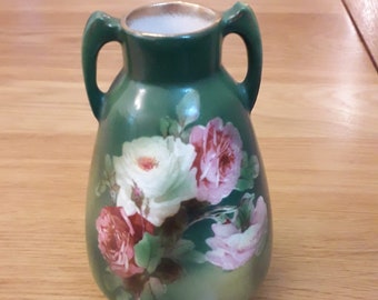 Mid Century Studio Ceramic MiniatureTwo Handled Green Vase with Floral Decoration