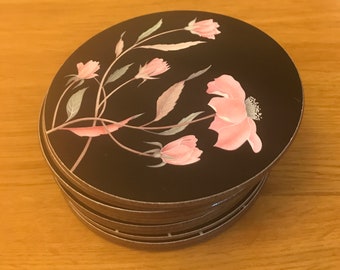 Vintage Set of Twelve Round Drinks Coasters Black Pink Flowers Drinks Mats