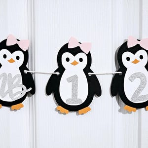 Girl Penguin Birthday Banner: Penguin with Blush Bow Monthly Photo Banner
