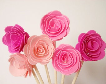 Set of 24Pcs - Pink MIX 3D 'ROSE ' Party Picks, Cupcake Toppers, Toothpicks, Food Picks