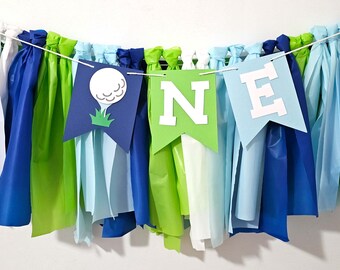 Hole in ONE High Chair Banner with Streamer, Hole in One First Birthday, Smash Cake Photo Prop.