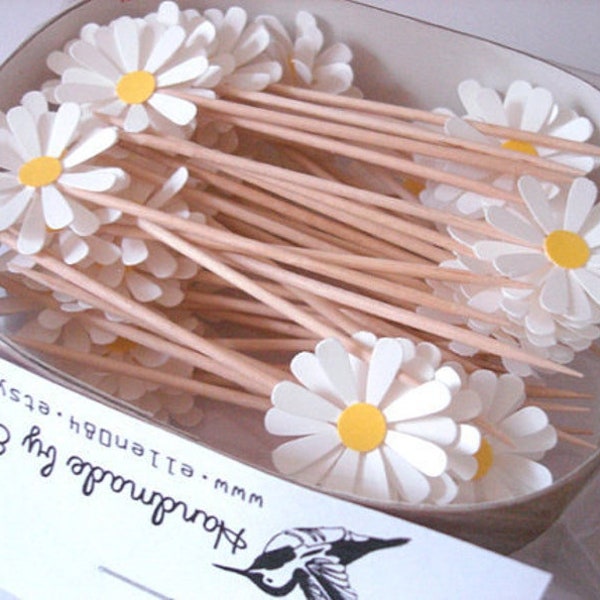 Set of 24Pcs - Daisy Party Picks, Cupcake Toppers, Toothpicks, Food Picks (pure white)