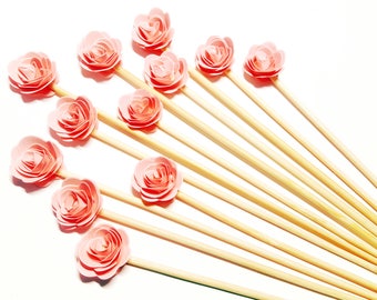 Set of 24Pcs - Blush 3D 'ROSE ' on 6" OR 8" Skewer or Stir Stick - Birthday, Baby Showers, Weddings, Drinks/ Fruits/ Food Skewers
