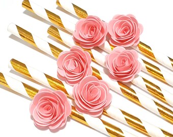 Set of 24Pcs - Blush 3D Rose Flower Paper Straw