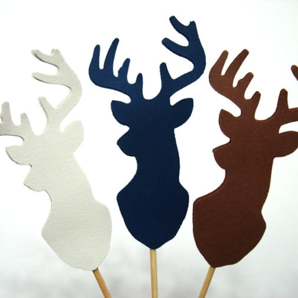 Set of 24Pcs - Gray, Navy & Brown MIX 'Deer' Party Picks, Cupcake Toppers, Toothpicks, Food Picks