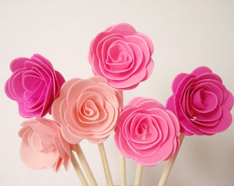 Set of 24Pcs - 3D 'ROSE ' Party Picks, Cupcake Toppers, Toothpicks, Food Picks (Baby Pink, Shocking Pink, Hot Pink)