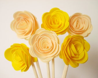 Set of 24Pcs - Cream & Yellow 3D ROSE Party Picks, Cupcake Toppers, Toothpicks, Food Picks