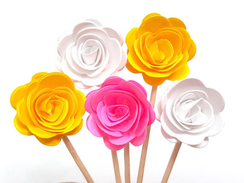 Set of 24Pcs Yellow, White, Bright Pink MIX 3D 'ROSE ' Cupcake Toppers, 6 OR 8 Skewer, Stir Stick, Donut Holes, Fruit Skewer image 1