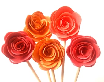 Set of 24Pcs -  Red, Coral & Orange MIX 3D 'ROSE ' Party Picks, Cupcake Toppers, Toothpicks, Food Picks