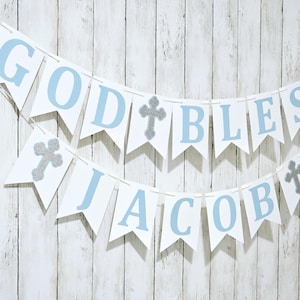 Baby Blue God Bless Baptism Banner: Christening Banner, First Communion Banner, God Bless Photo Prop Banner