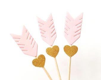Set of 24Pcs - Blush with Gold Glitter Heart Arrow Cupcake Toppers, Food Picks, Weddings, Bridal/Baby Shower Party Picks