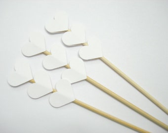 Set of 24Pcs - Pure White Triple Heart on 8inch Skewer OR Stir Stick- Birthday, Baby/Bridal Showers, Wedding Party