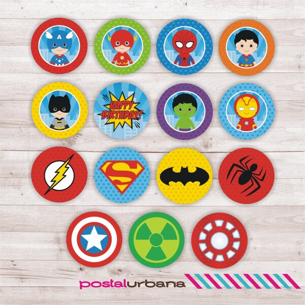 Superheroes cupcake toppers, Birthday Party Superheroes, Superheroes stickers, Superheroes Printables, Superheroes decoration.