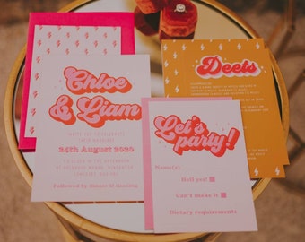 Cherry - red, pink and orange wedding stationery set with lightning bolts, colourful fun wedding invitations, modern cool wedding invitation