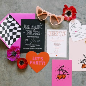Micki - Cool alternative pink black and red wedding stationery set, cherry bomb emo wedding invitations.