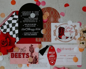 Cassidy - Cool vegas meets western styled curved wedding stationery set, warm toned alternative wedding invitations